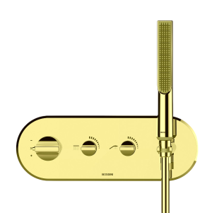Смеситель термостат Bossini Apice Z00522.043 для ванны и душа встраиваемый внешняя часть на 2 потребителя с душевым гарнитуром цвет золото сатинированное