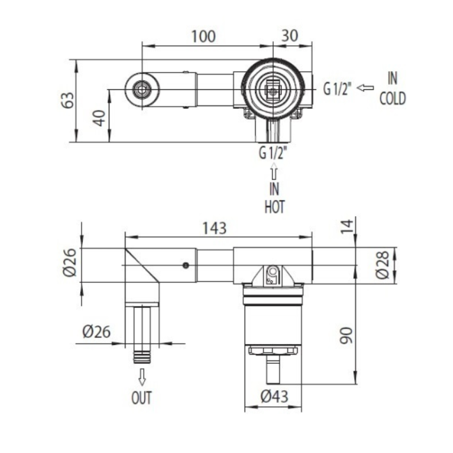 Встраиваемая часть Bossini Teo/Aki/Gillo Z00801 для смесителя для раковины на 2 отверстия