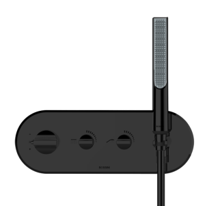 Смеситель термостат Bossini Apice Z00523.073 для ванны и душа встраиваемый внешняя часть на 2 потребителя с душевым гарнитуром цвет черный матовый