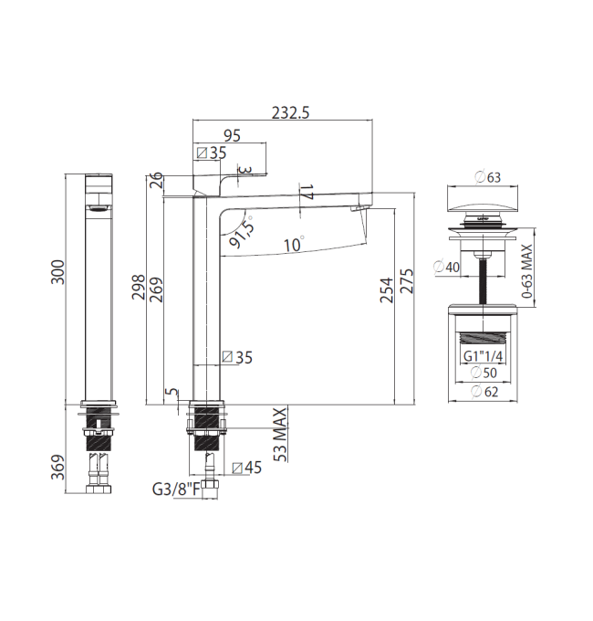 Смеситель для раковины Bossini GILLO Z00706.073 высокий с донным клапаном цвет черный матовый