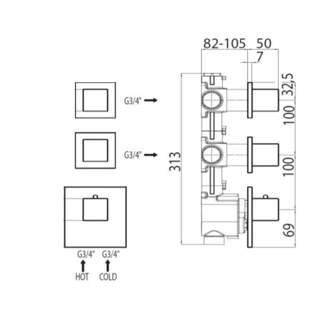 Встраиваемая часть Bossini Z030203000 для термостата для ванны и душа на 3 потребителя с переключателем на 3 выхода с 1 вентилем