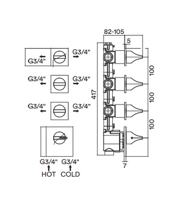 Встраиваемая часть Bossini Z030210000 для термостата для ванны и душа на 5 потребителей с переключателем на 2 выхода и 2 вентилями