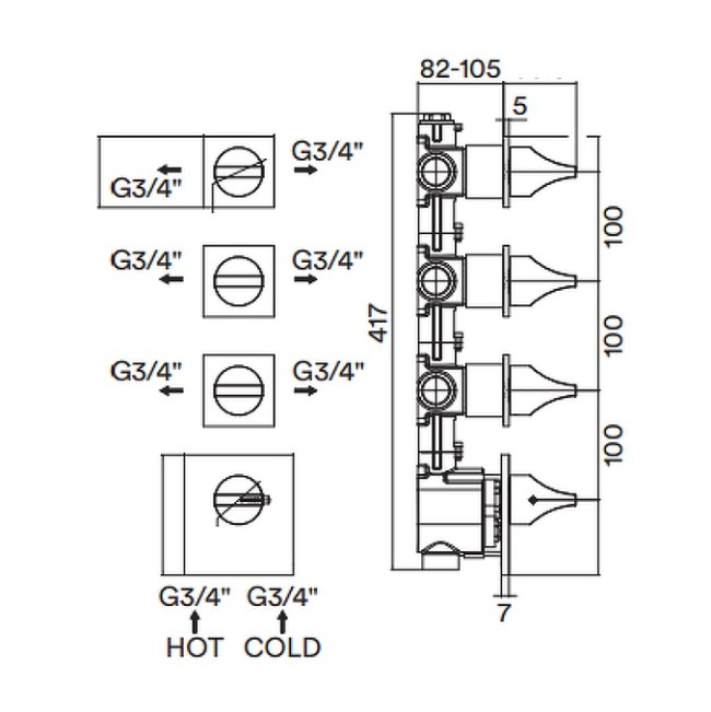 Встраиваемая часть Bossini Z030273000 для термостата для ванны и душа на 6 потребителей с 3 переключателями по 2 выхода
